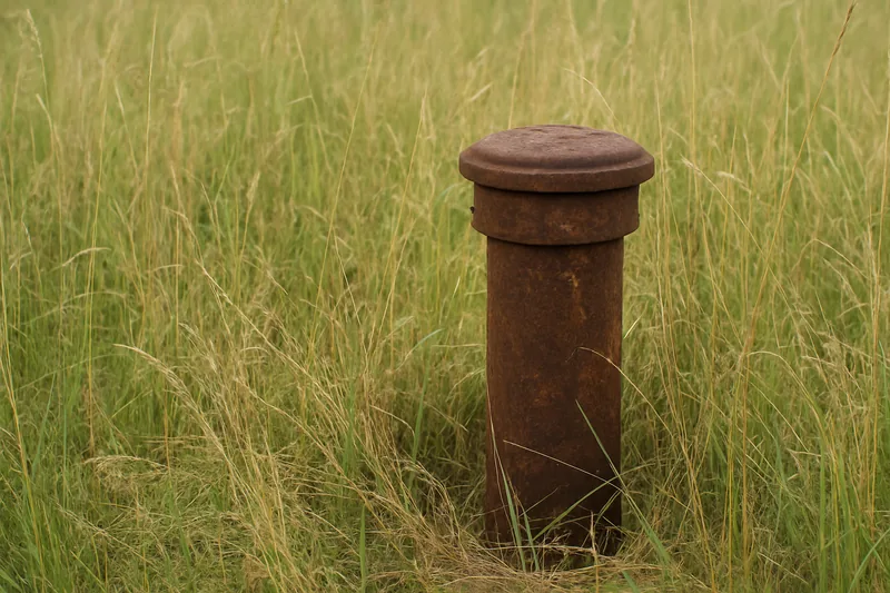 An old rusted bore casing capped and standing in long grass — bore decommissioning, Dubbo. Illustrative example.