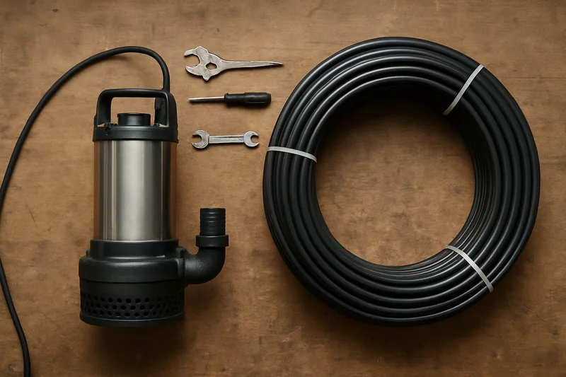 A submersible pump and a coil of poly pipe on a workshop bench — bore pump testing, Dubbo. Illustrative example.