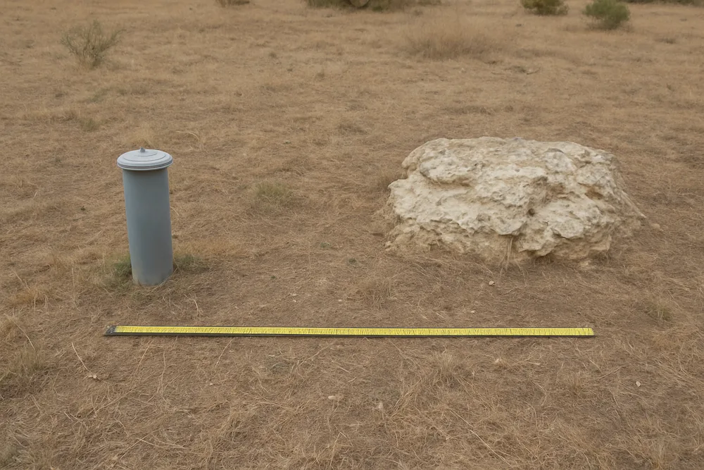 A capped bore casing in a dry paddock a short way from a low outcrop of pale rock — bore approval and paperwork, Dubbo. Illustrative example.