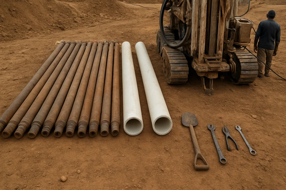 Lengths of drill rod and casing laid on the ground beside a rig — bore approval and paperwork, Dubbo. Illustrative example.