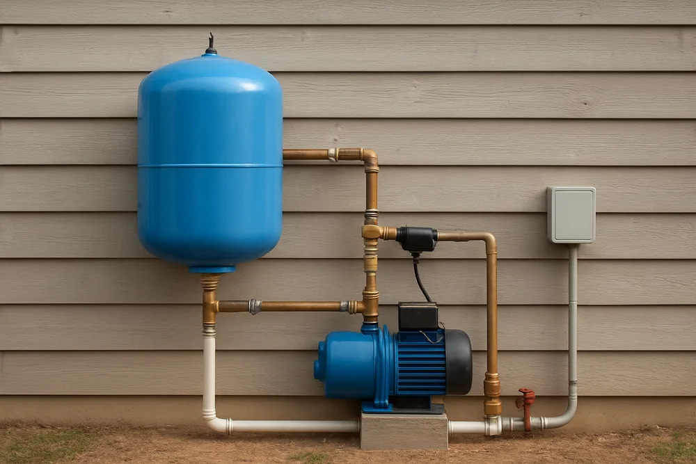 A pressure tank and pump switch on a shed wall — bore pump testing, Dubbo. Illustrative example.