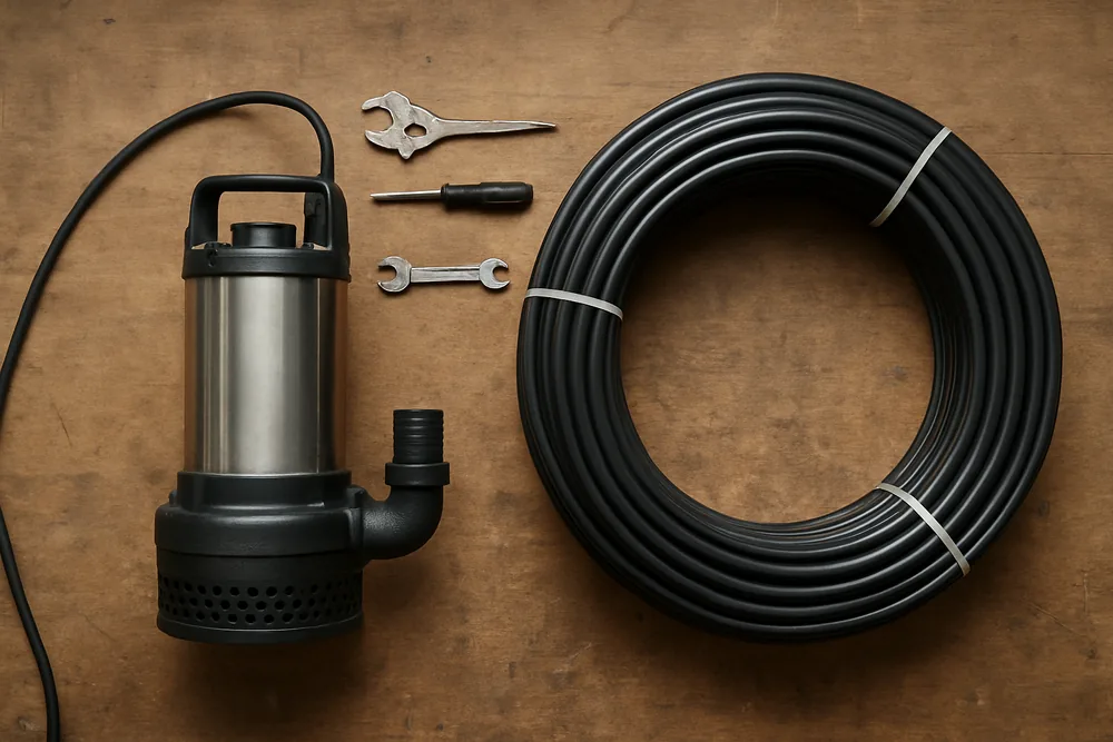A submersible pump and a coil of poly pipe on a workshop bench — bore pump testing, Dubbo. Illustrative example.