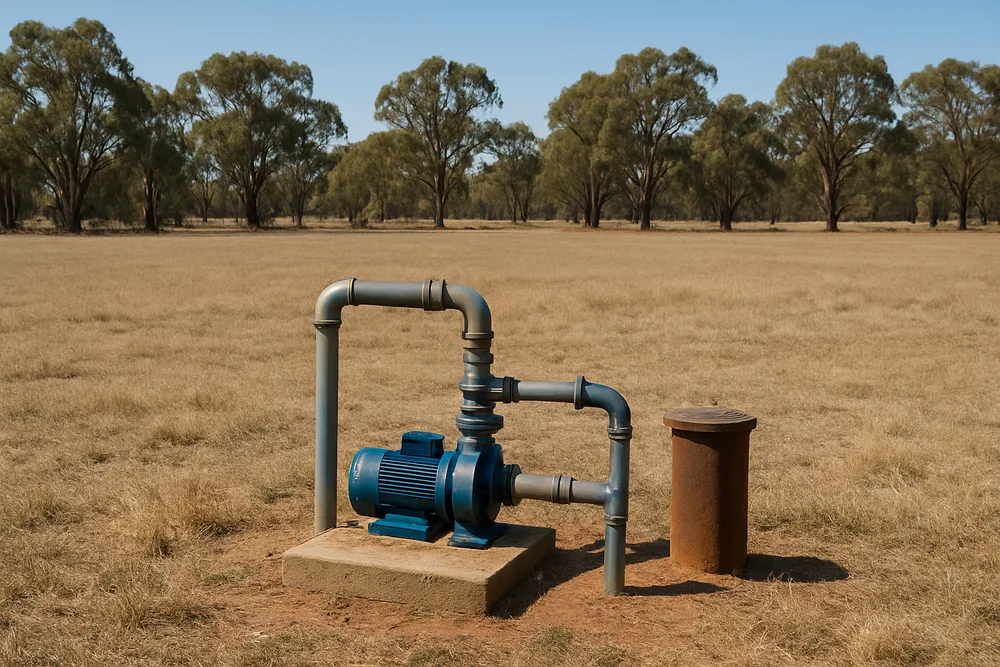 A small bore pump and pipework beside a capped casing on a flat paddock with a line of gums behind — bore pump testing, Dubbo. Illustrative example.