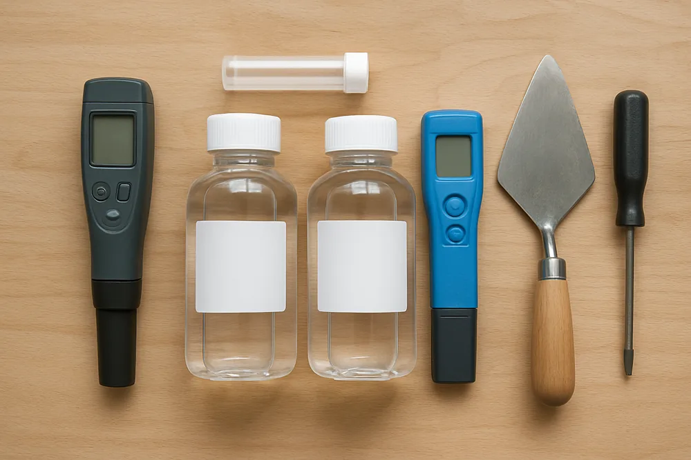 Two clear sample bottles with blank labels on a workbench — bore water testing, Dubbo. Illustrative example.