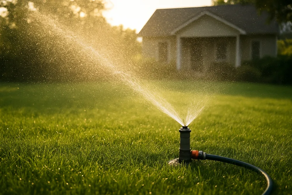 A garden sprinkler watering a lawn in morning light — garden and household bores, Dubbo. Illustrative example.