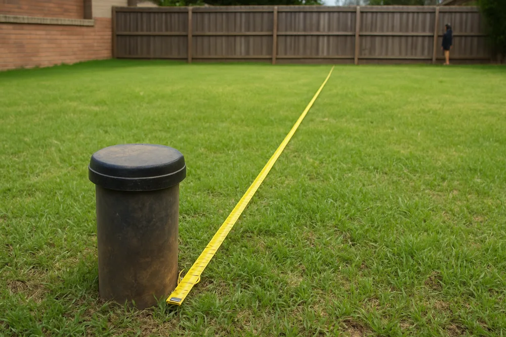 A capped bore casing at the edge of a lawn with a measuring tape pulled across the grass — garden and household bores, Dubbo. Illustrative example.