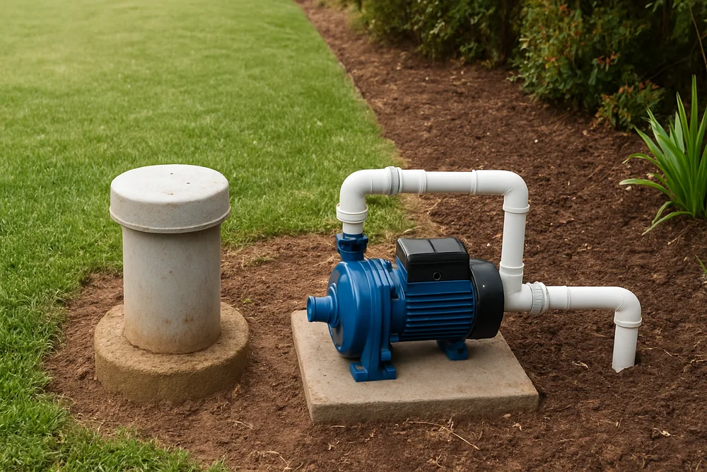 A capped bore head with a small pump beside a lawn and garden bed — garden and household bores, Dubbo. Illustrative example.