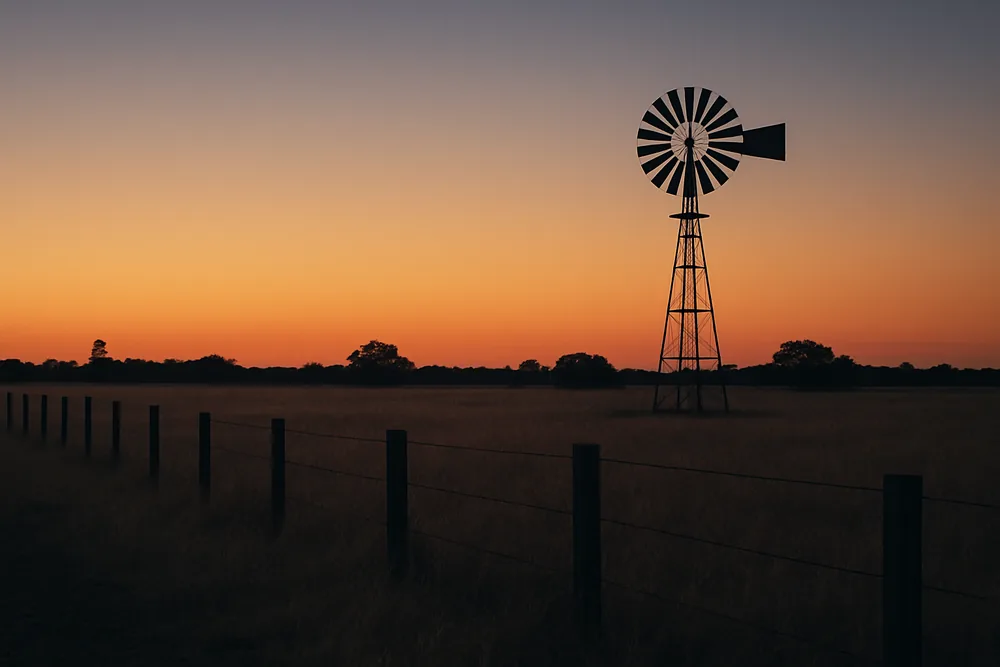 A paddock at dusk with a windmill silhouette on the skyline — water bore drilling, Dubbo. Illustrative example.