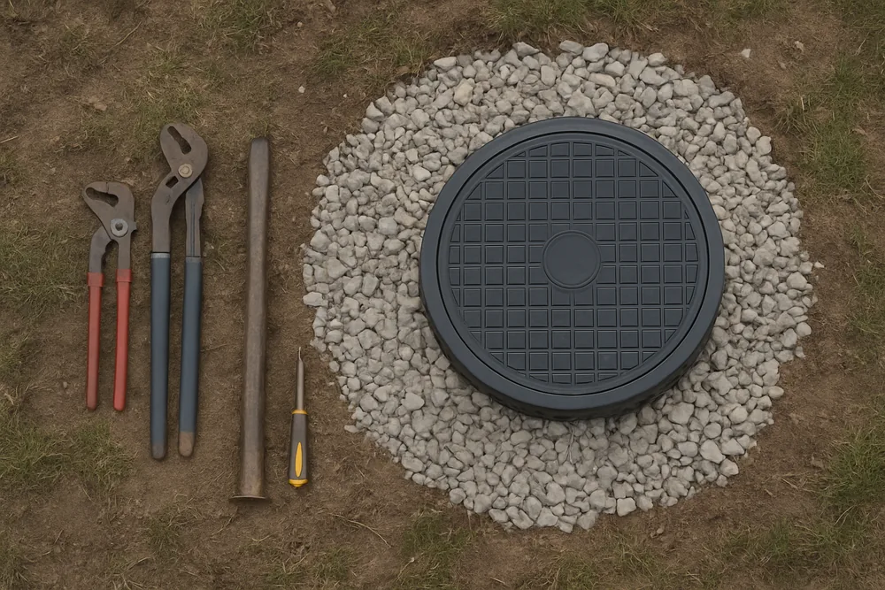A small gravel pad around a new bore head with a cover lid — water bore drilling, Dubbo. Illustrative example.
